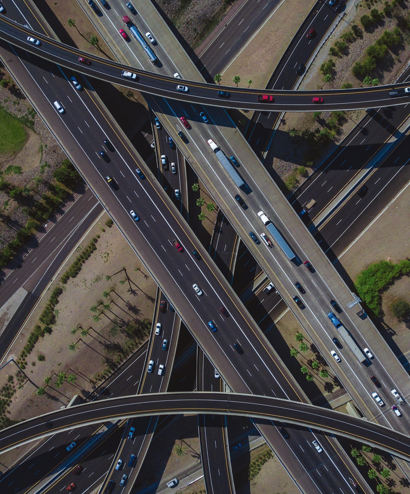 Aerial view of a multi-level highway interchange