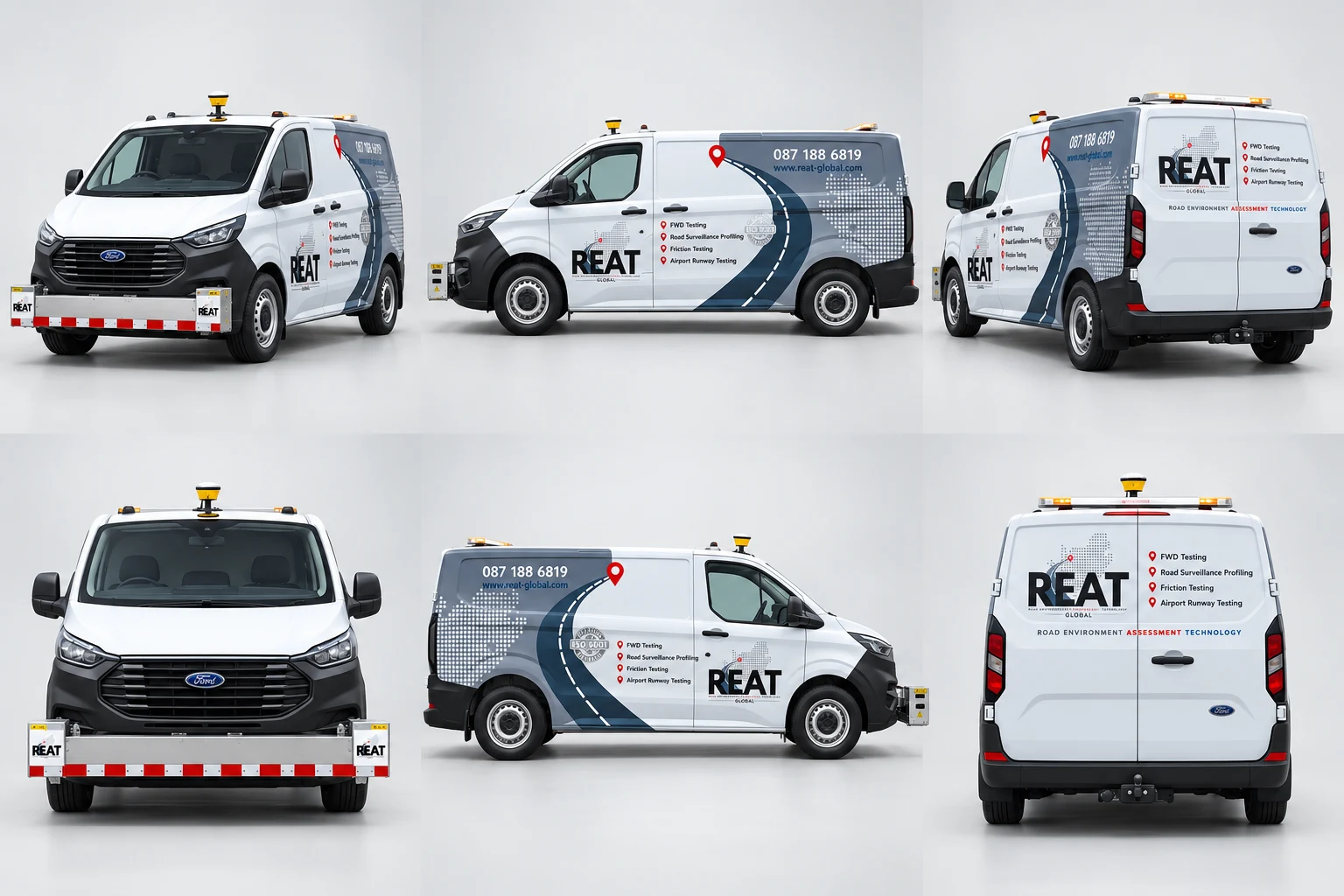 Front view of the REAT profiler van and its measurement beam, illustrated from field photographs